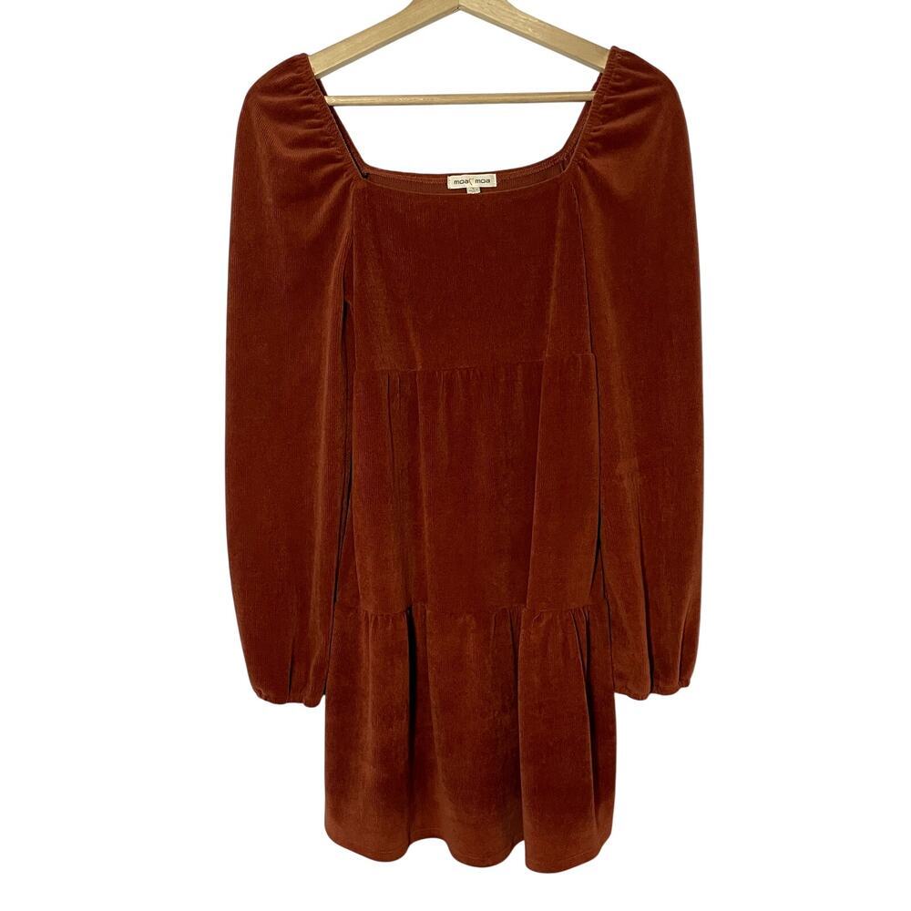 Moa Moa S deep orange corduroy minidress tiered skirt square neck long sleeves